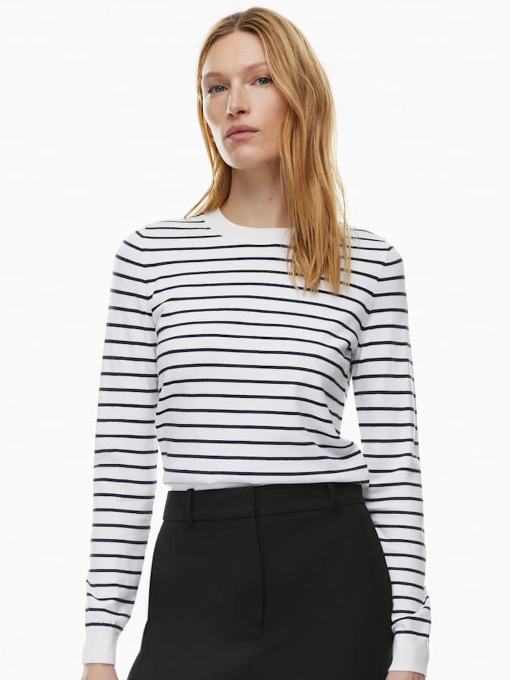 Aritzia Babaton Striped Crewneck Sweater XL White Black Knit Long Sleeve Top